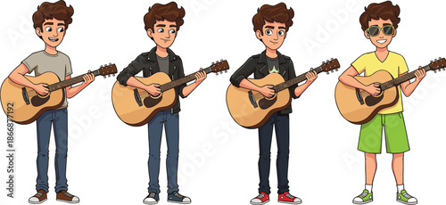 Cartoon young man playing acoustic guitar in different outfits, casual clothes, rock style, summer wear, vector character musician illustration.