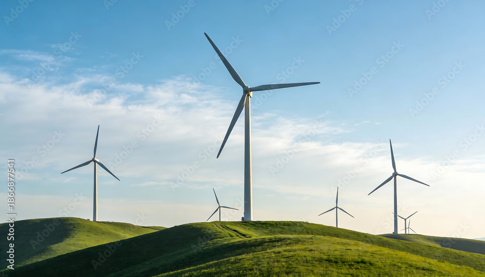 Fototapeta premium Conceptual wide angle landscape of white modern wind turbines on green rolling hills under a clear blue sky producing clean renewable energy for a sustainable green future