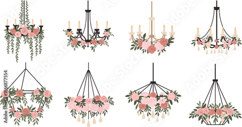Collection of Elegant Floral Chandeliers and Wreaths with Roses, Greenery, and Candle Accents for Wedding, Interior, and Decor Design