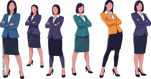 Confident business women vector illustration showing leadership, teamwork, empowerment, professional success, corporate diversity, strong female executives and office management.