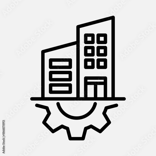 Outline icon of two modern office buildings on a gear, representing business operations and industrial development.