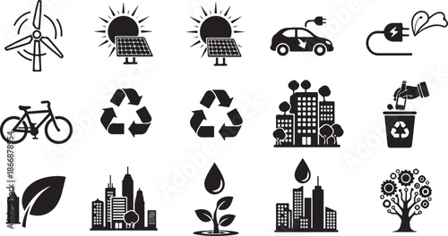 Eco friendly city sustainable living icons set