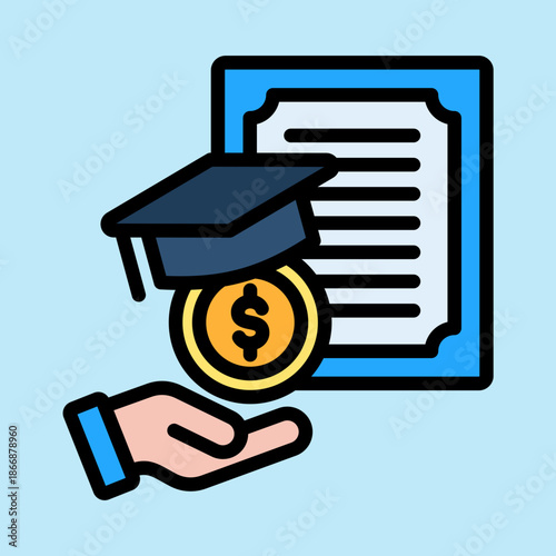 A hand holding a dollar coin and a graduation cap in front of a diploma, symbolizing education funding or student loans.