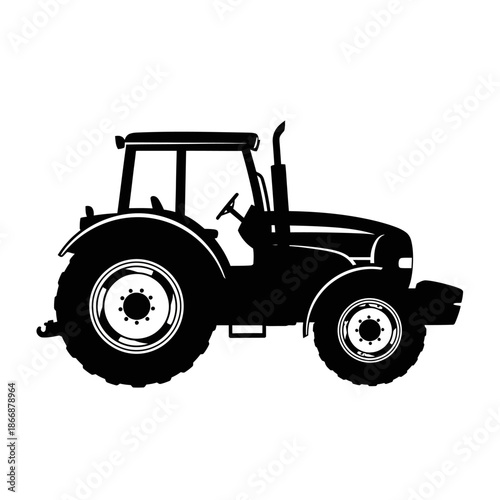 A simple black silhouette of a modern agricultural tractor on a white background