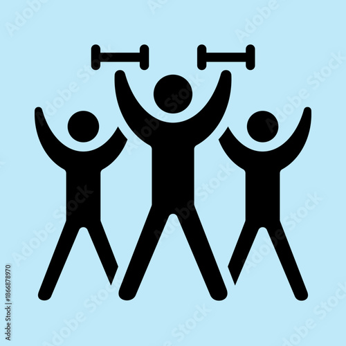 Graphic illustration of three people performing exercises, one with weights, symbolizing fitness and group activity.