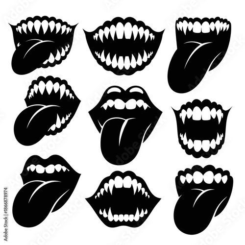 Collection of stylized black and white mouth and teeth illustrations