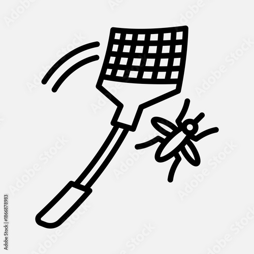 A black and white line art illustration depicting a fly swatter in motion, about to strike a flying insect.