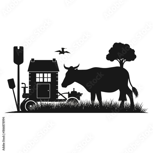 A silhouetted rural scene depicting a cow farmhouse and agricultural elements