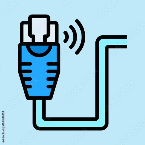 An icon depicting a blue Ethernet cable connector with a cable and wireless signal waves, set against a light blue background.
