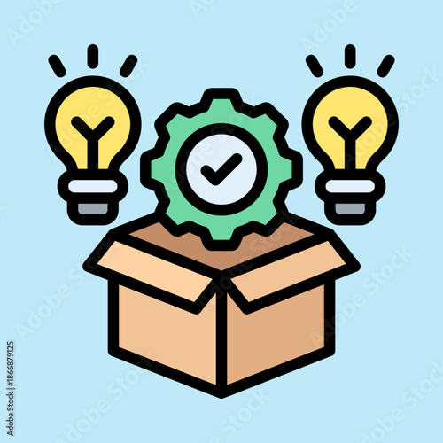 Iconic illustration of new ideas and solutions being developed and packaged.