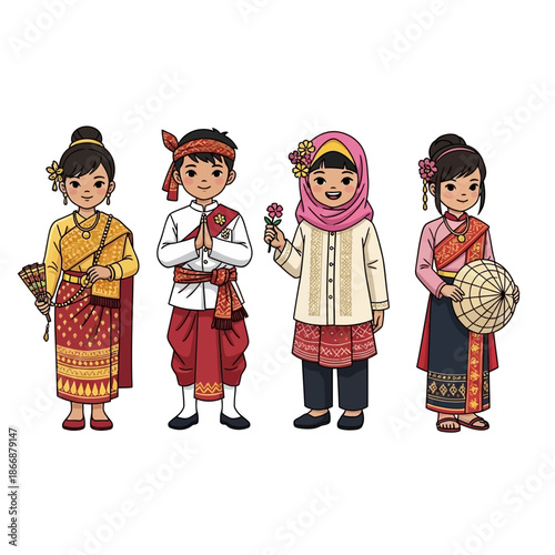 Four children in traditional southeast asian clothing showcase cultural diversity