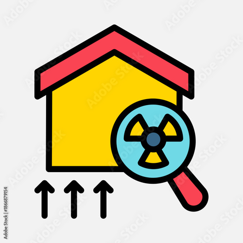Iconic representation of a house undergoing radon gas detection and environmental radiation inspection.