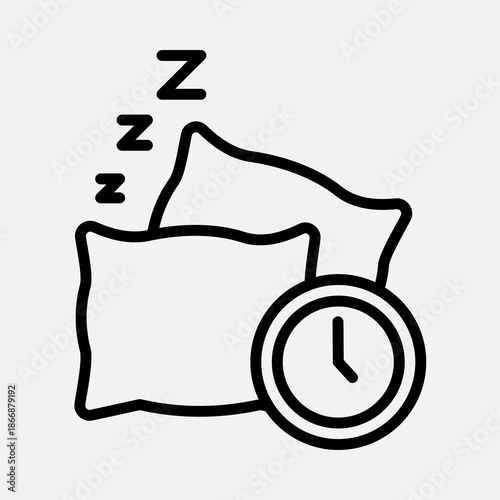Line art icon representing sleep time and rest with pillows and a clock.