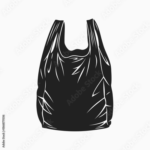 A simple black and white sketch of a plastic shopping bag on a white background