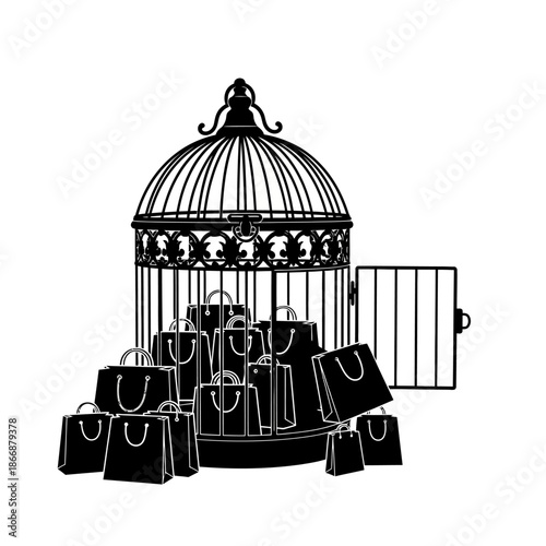 An ornate birdcage contains shopping bags suggesting consumerism and captivity