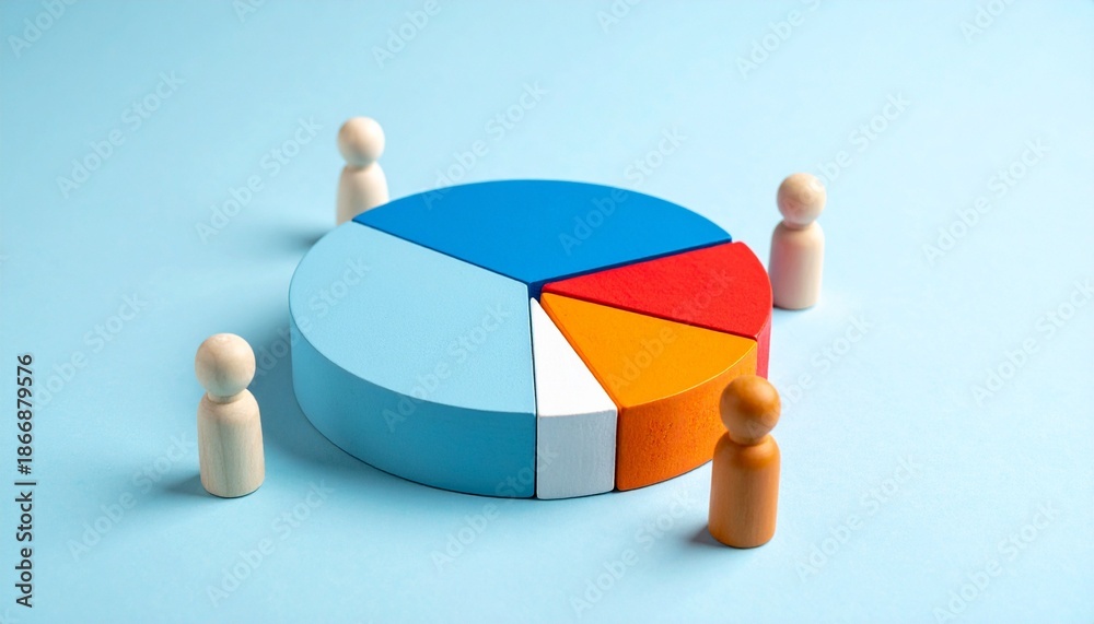 Obraz premium 3D pie chart with wooden figurines on blue