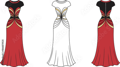 Elegant Butterfly-Inspired Evening Gown Fashion Design with Color Variations, Sketch Template, and Stylish Detailing for Couture and Textile Presentation