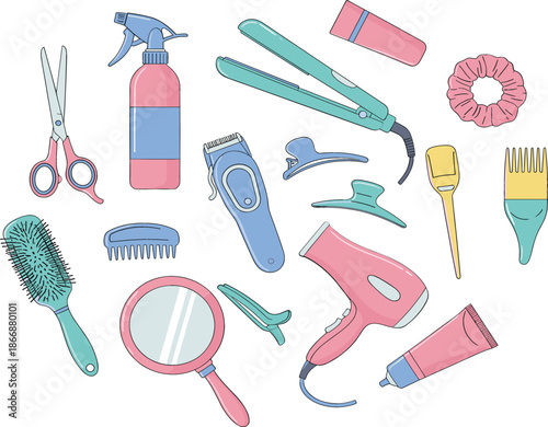 Professional hair salon tools vector set with hairdryer, scissors, straightener, brushes, clipper, and beauty accessories isolated on white background for hairdresser branding.