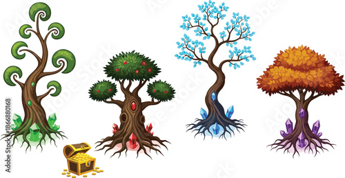 Fantasy crystal trees illustration with treasure chest, magical gemstone roots, colorful mystical nature design, enchanted forest vector art decoration