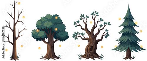 Fantasy magical trees with glowing lights, cartoon forest nature vector illustration, seasonal tree collection design, enchanted woodland landscape background art.