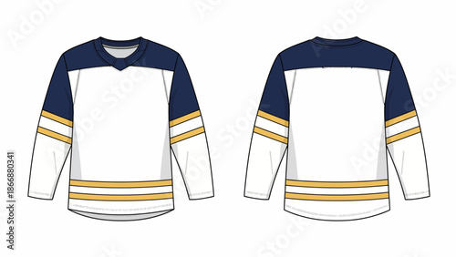 Ice Hockey Jersey Mockup Vector Template with Front and Back View, Navy Blue and Gold Sports Apparel Design