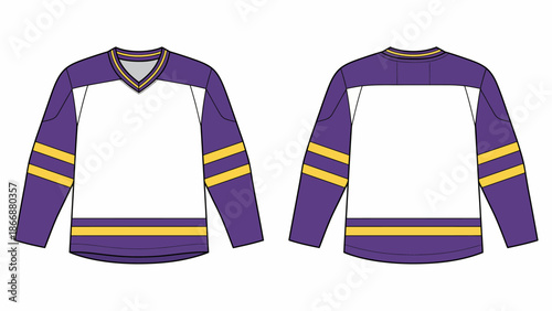 Purple and Gold Ice Hockey Jersey Mockup, Sports Uniform Template Technical Illustration, Front and Back View