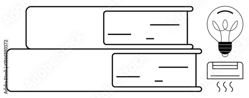 Education, innovation, knowledge, creativity, learning tools, academic resources. Two stacked books near a light bulb and a heater emitting warmth. Education and innovation concept