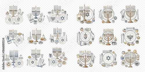 Hanukkah Menorahs and Jewish Holiday Symbols Collection with Star of David and Dreidel.