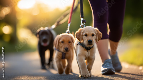 Candid low-view of a dog walker with multiple leashes, pups playfully tugging, park pathway curving. With copy space.