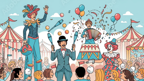 A colorful illustration of a lively circus scene with performers and a crowd of people