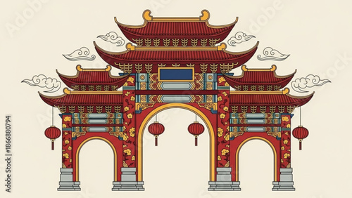 A vibrant illustration of a traditional Chinese gate with ornate decorations and lanterns