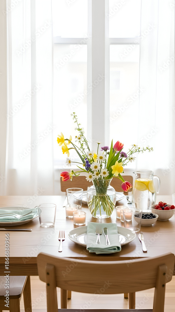 Fototapeta premium Brightly Lit Dining Table Set with Fresh Spring Flowers, Elegant Place Settings