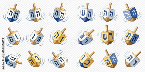 Collection of traditional Jewish dreidels spinning, a symbol of Hanukkah celebration and games.