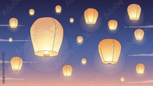 A serene illustration of glowing lanterns floating in the evening sky