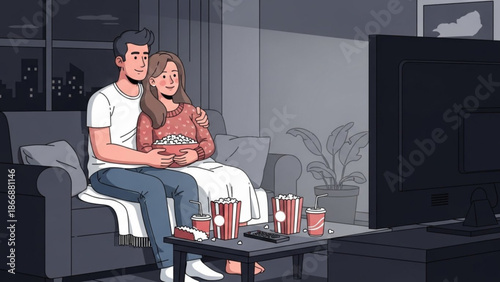 A couple sitting on a couch watching TV and eating popcorn in a cozy living room at night