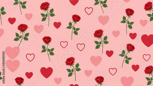 A vibrant and romantic vector graphic featuring a repeating pattern of roses and hearts on a soft pink background
