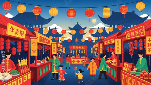 A vibrant illustration of a traditional Chinese festival market with people and stalls