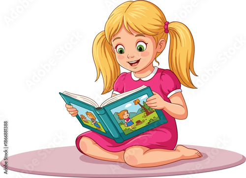 Happy little blonde girl reading colorful storybook, sitting on floor with excitement, cute child enjoying education and learning, vector illustration.