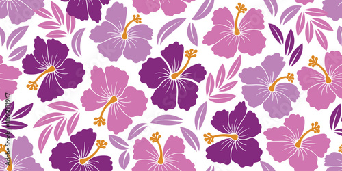 Purple Hibiscus pattern. Tropical botanical Seamless pattern. motif exotic hibiscus design.  Hawaii shirt,summer design. beautiful Purple floral sweet, floral patterns. hibiscus flower. Purple fashion