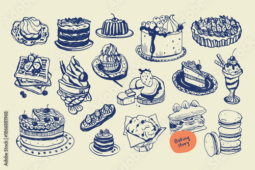Assorted Hand Drawn Desserts in Blue Sketch Style.