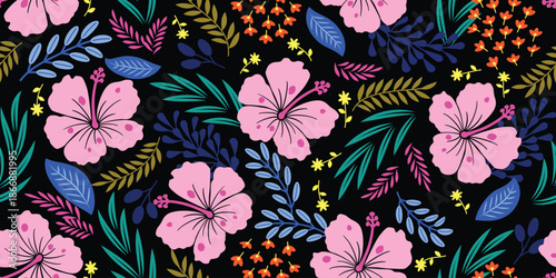 Tropical pattern, hibiscus pattern, beautiful hibiscus fabric for summer. Seamless exotic plant fabric. Motif Tropical Vector colorful. pink Hibiscus, leaves, palm on black. Tropical design Hawaiian. 