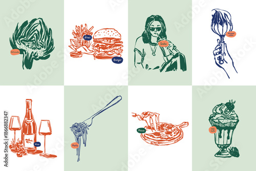 Collection of Vibrant Illustrated Food and Drink Icons.