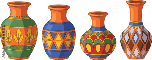 Decorative ceramic vase set with colorful geometric patterns and traditional Mediterranean pottery designs for home interior decor and cultural art projects.
