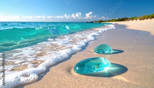 Tidal Pools on Sandy Beach with Ocean Waves.