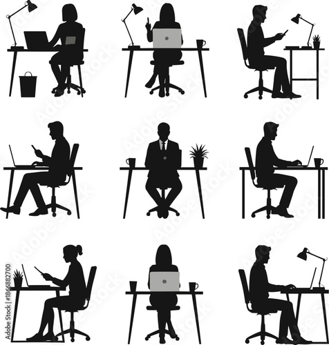 Office desk silhouettes of diverse workers using laptops, tablets, and phones in ergonomic workspace setup for remote and corporate environments