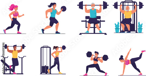 People engaging in fitness activities, weightlifting, gym workout, strength training, cardio exercises, and healthy lifestyle illustration.