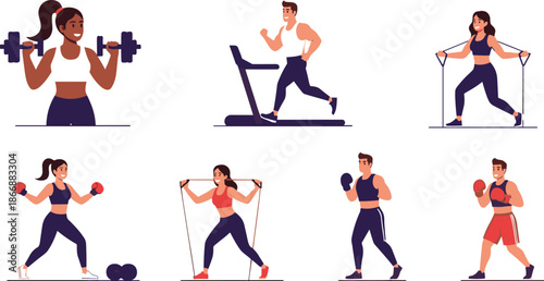 People exercising with weights, running, boxing, and resistance bands, fitness training, strength workout, and healthy lifestyle illustration.
