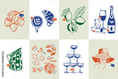 Colorful Vector Icons of Fruits Beverages and Accessories.