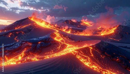 Volcanic Eruption Landscape with Flowing Lava.
