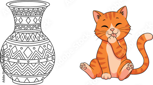 Cute orange ginger tabby kitten sitting and licking its paw vector illustration for children book design pet shop branding and greeting cards.